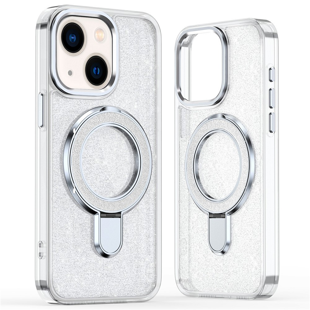 For iPhone 15 Case Glitter Design TPU + PC Kickstand Phone Protector - Transparent
