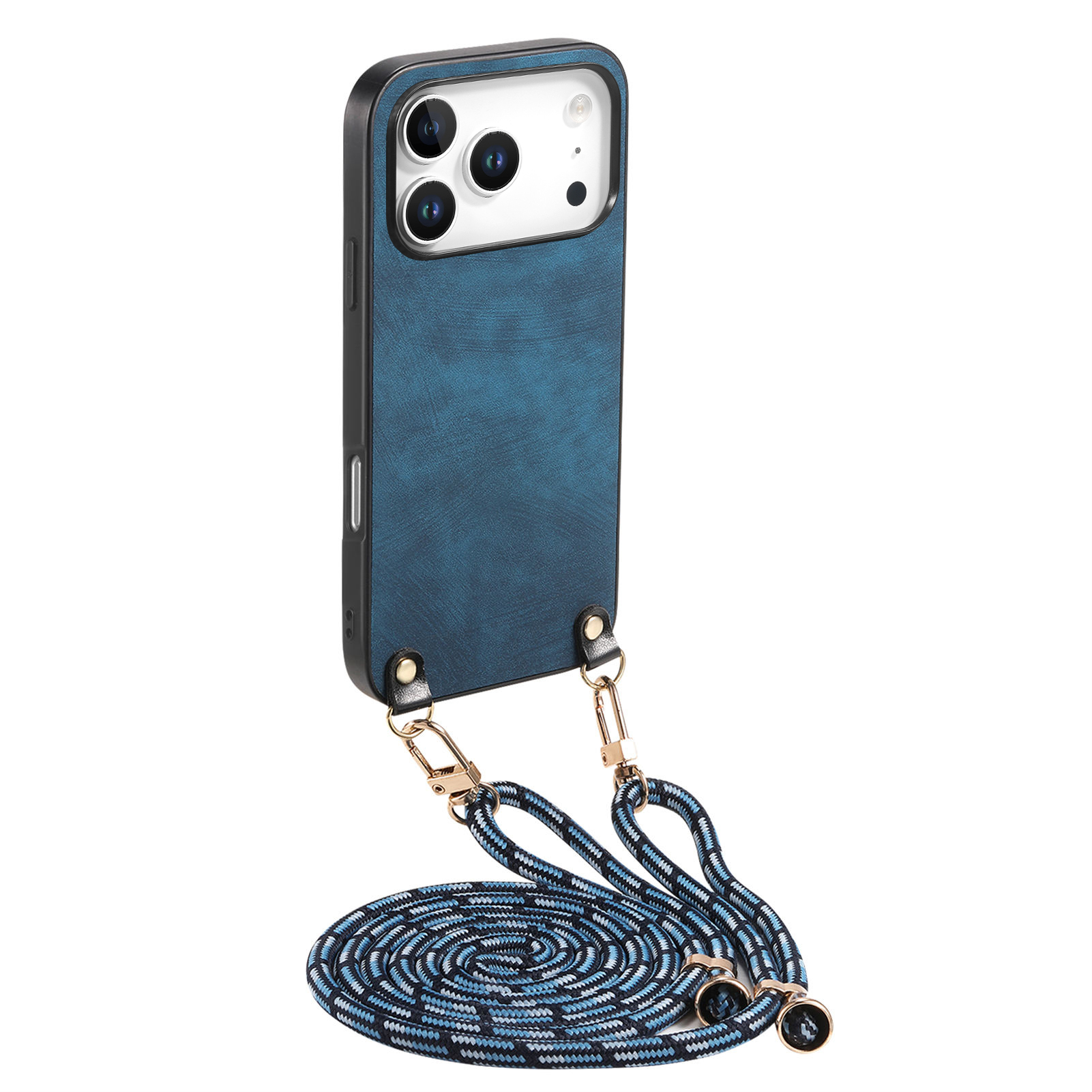 For iPhone 17 Pro Retro Leather Phone Back Cover with Adjustable Strap - Blue