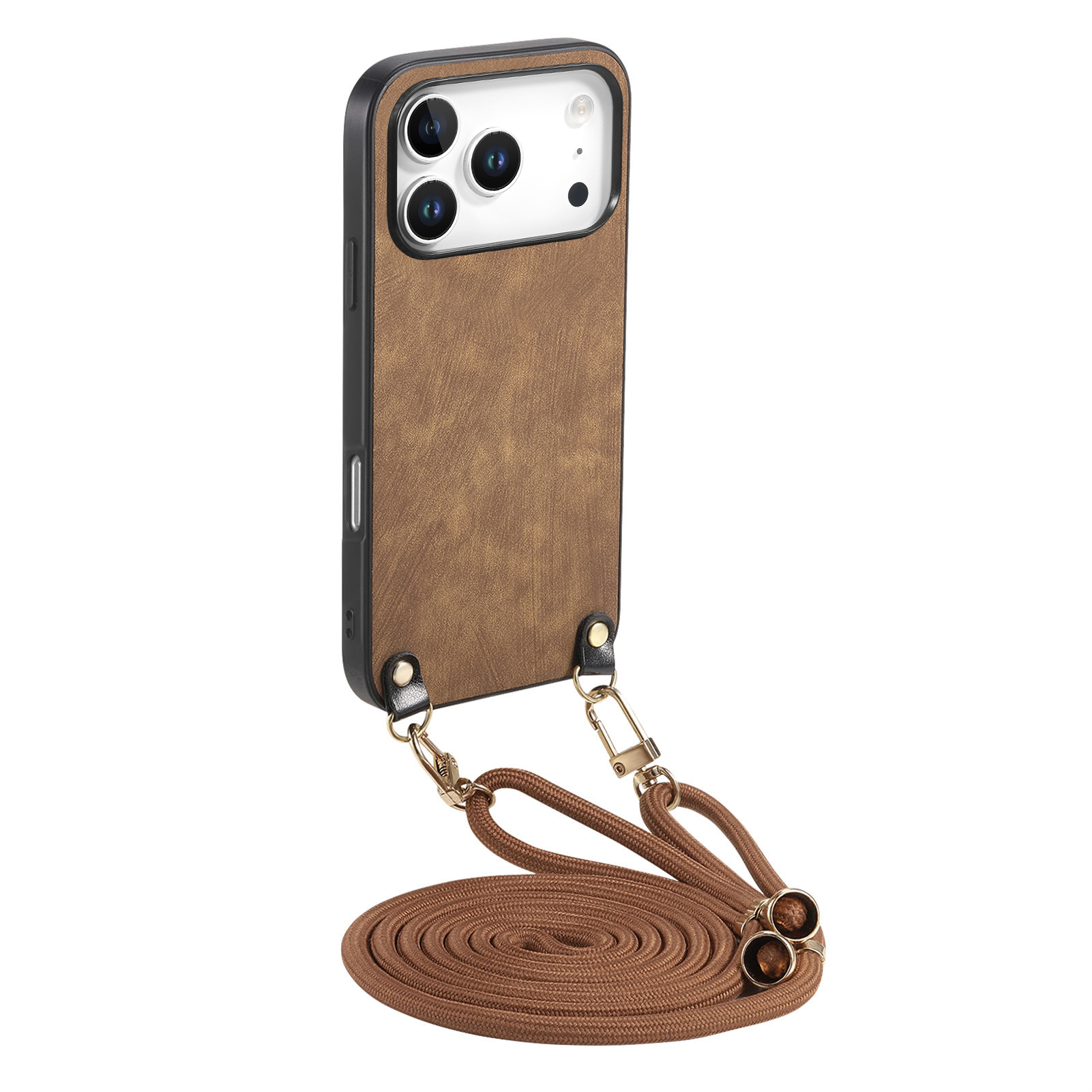 For iPhone 17 Pro Retro Leather Phone Back Cover with Adjustable Strap - Brown