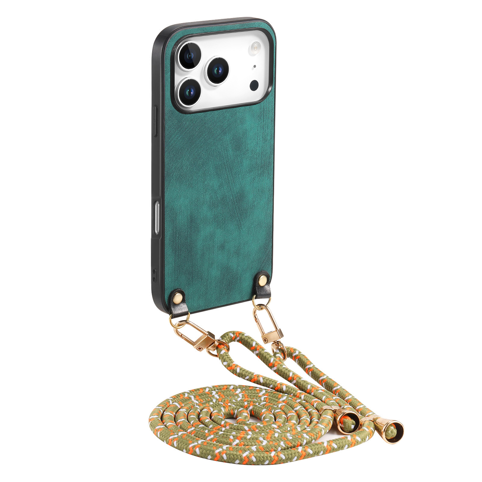 For iPhone 17 Pro Retro Leather Phone Back Cover with Adjustable Strap - Green