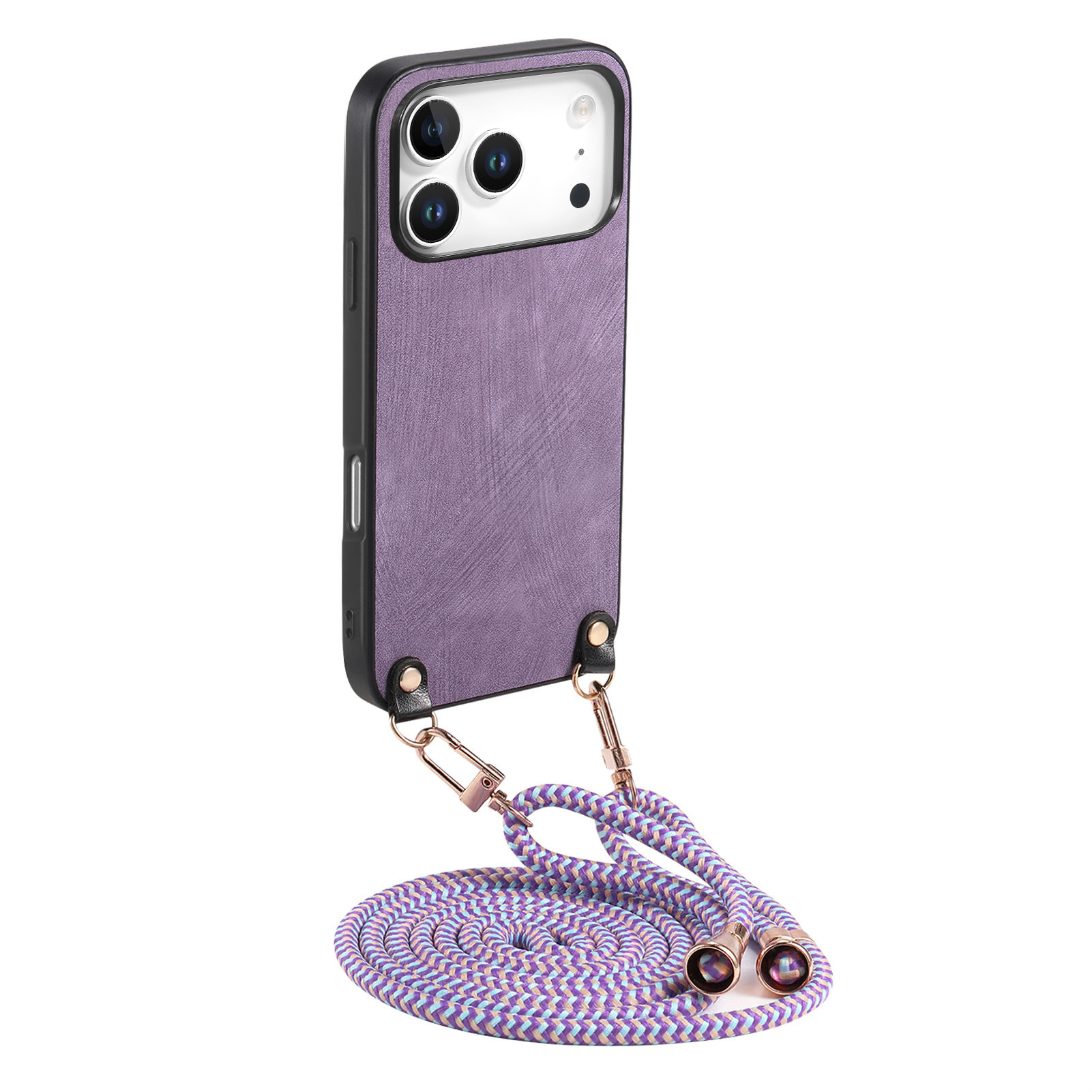 For iPhone 17 Pro Retro Leather Phone Back Cover with Adjustable Strap - Purple