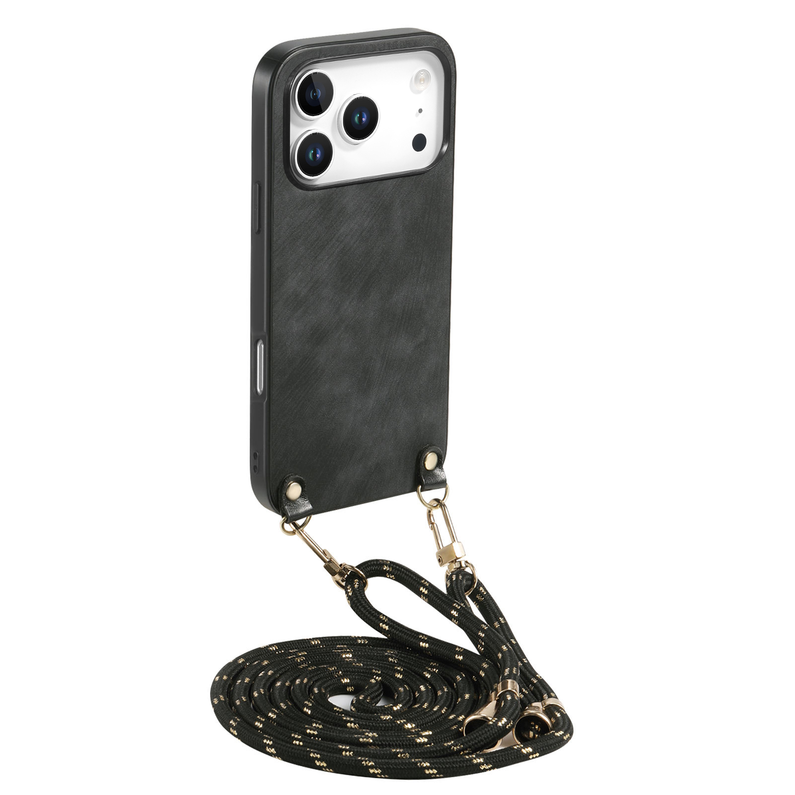 For iPhone 17 Pro Retro Leather Phone Back Cover with Adjustable Strap - Black