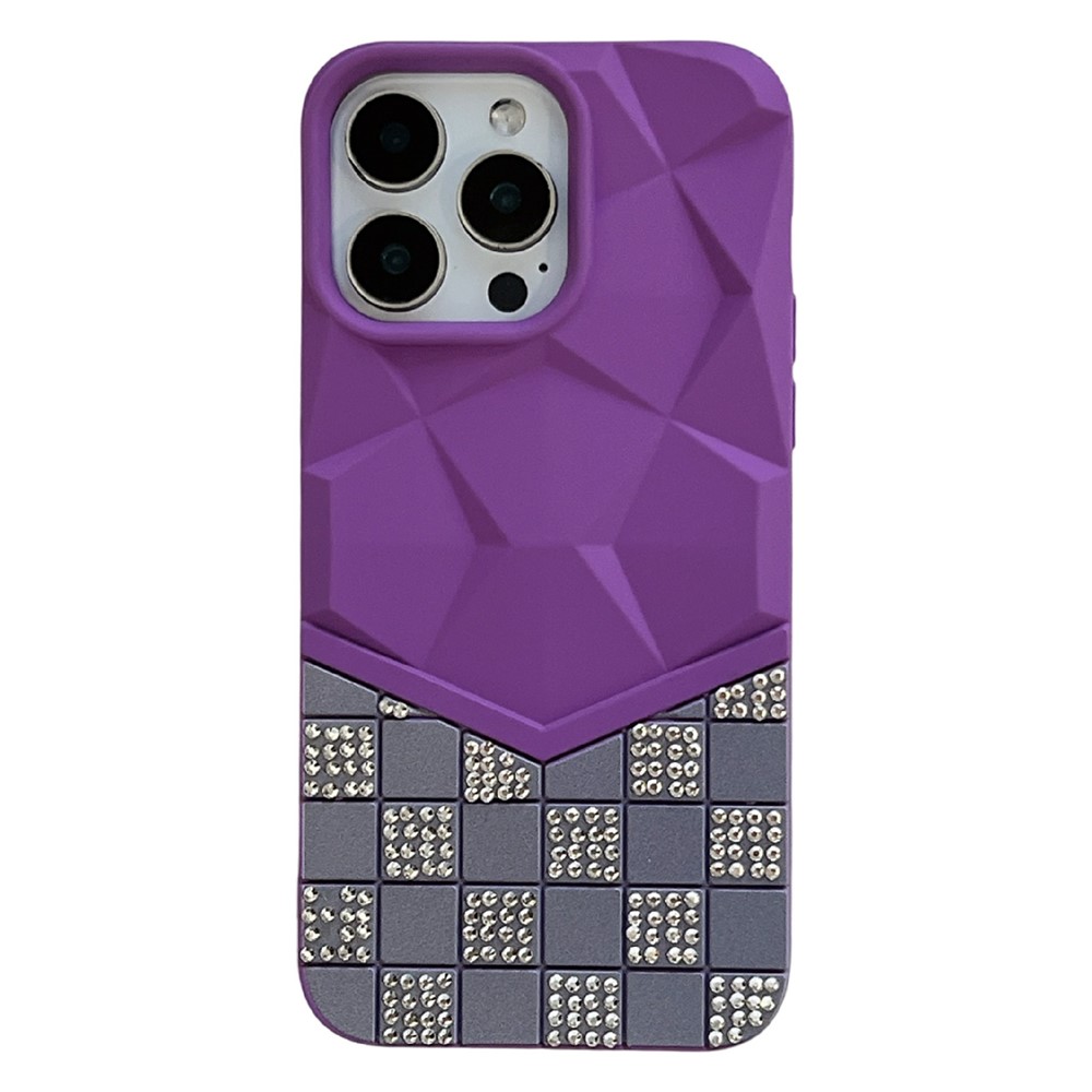 For iPhone 16 Pro Max Case Geometric Diamond Pattern Rhinestone Decor Rubberized TPU Phone Cover - Purple