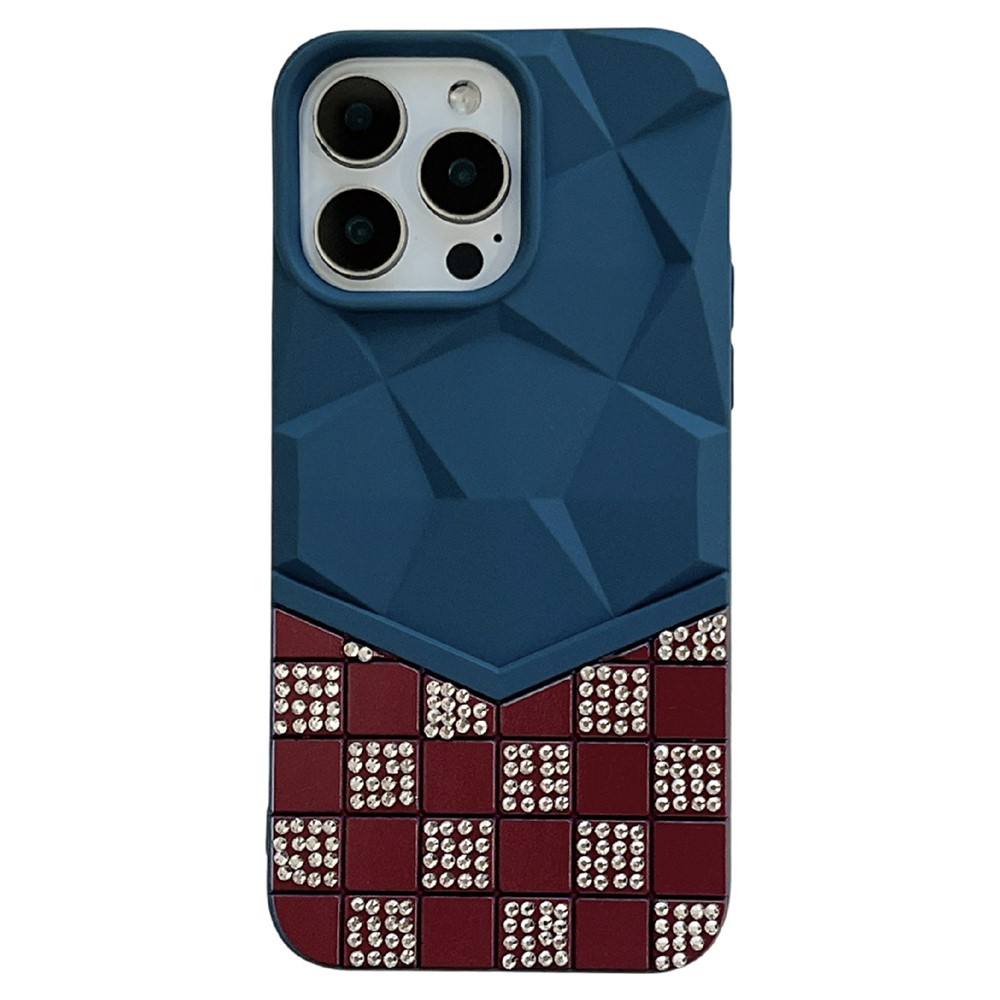 For iPhone 16 Pro Max Case Geometric Diamond Pattern Rhinestone Decor Rubberized TPU Phone Cover - Blue