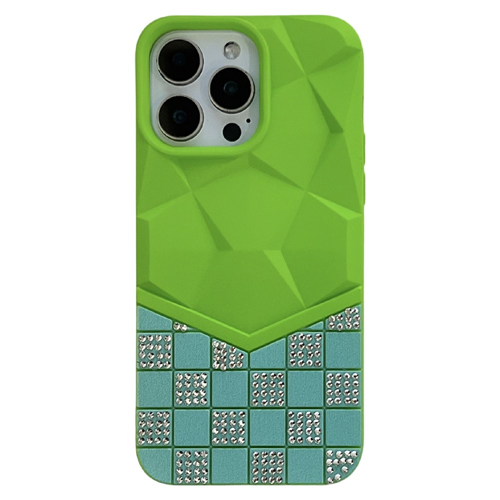 For iPhone 16 Pro Max Case Geometric Diamond Pattern Rhinestone Decor Rubberized TPU Phone Cover - Green