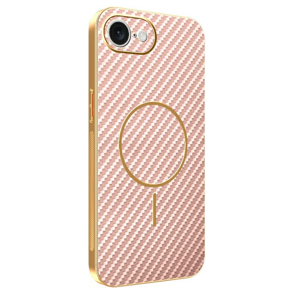For iPhone 16e Phone Case Carbon Fiber Textured Electroplated TPU Back Cover - Pink
