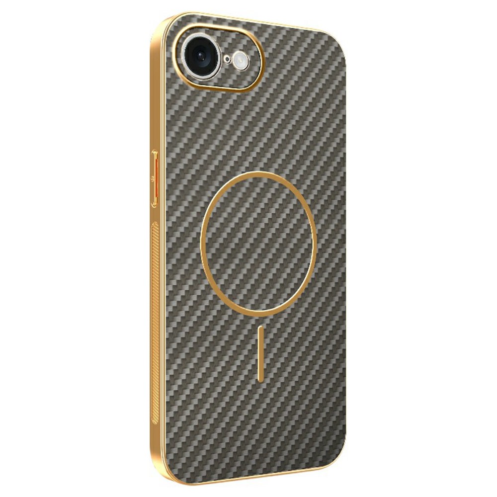 For iPhone 16e Phone Case Carbon Fiber Textured Electroplated TPU Back Cover - Coffee