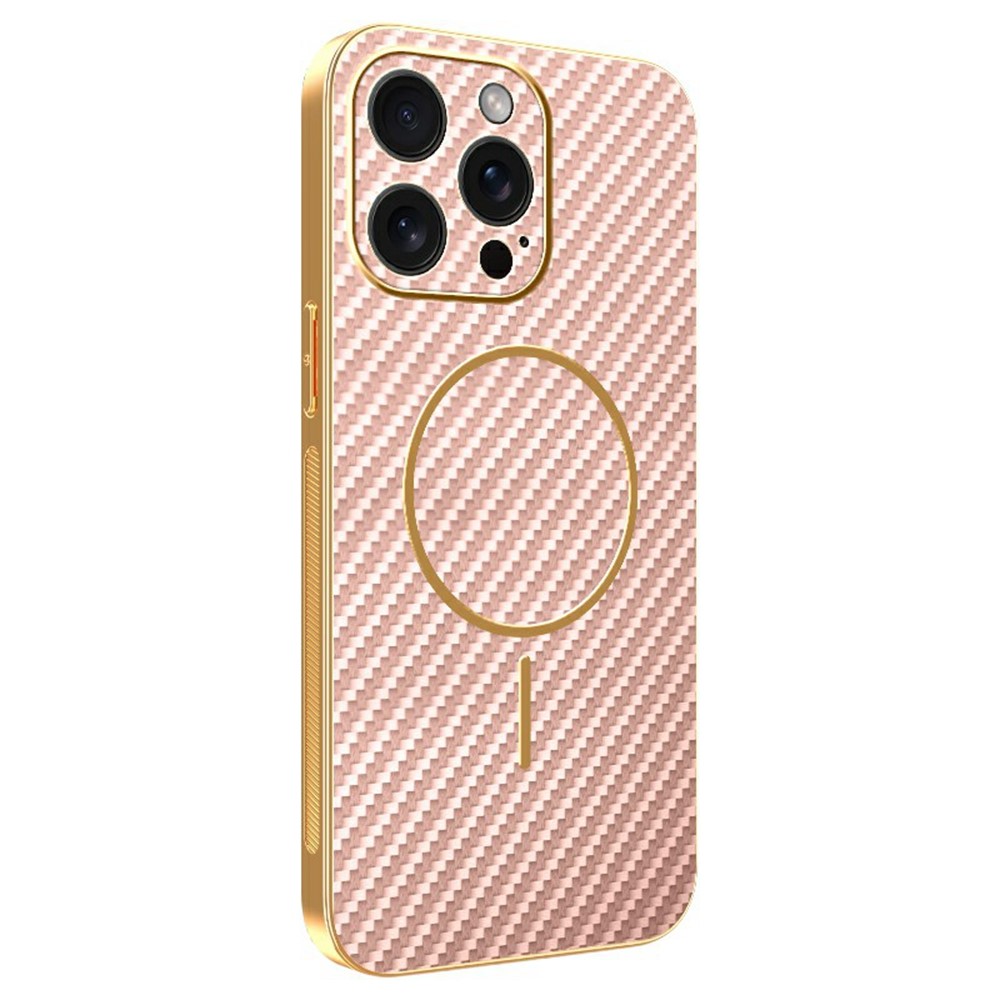 For iPhone 15 Pro Max Phone Case Carbon Fiber Textured Electroplated TPU Back Cover - Pink