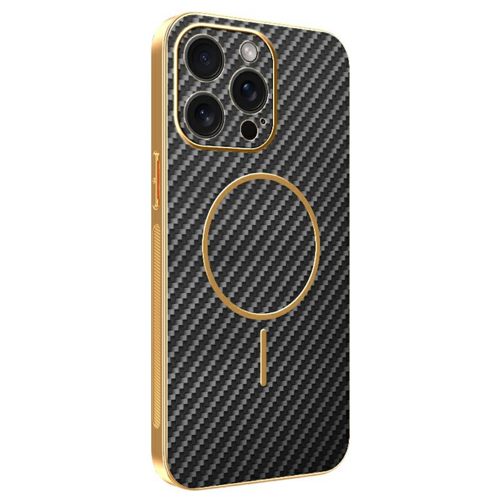 For iPhone 15 Pro Max Phone Case Carbon Fiber Textured Electroplated TPU Back Cover - Black