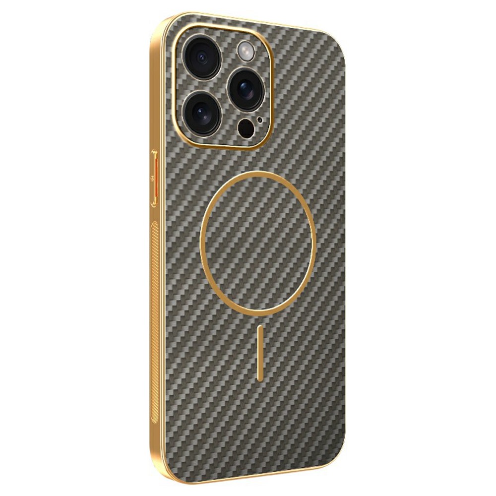 For iPhone 15 Pro Max Phone Case Carbon Fiber Textured Electroplated TPU Back Cover - Coffee