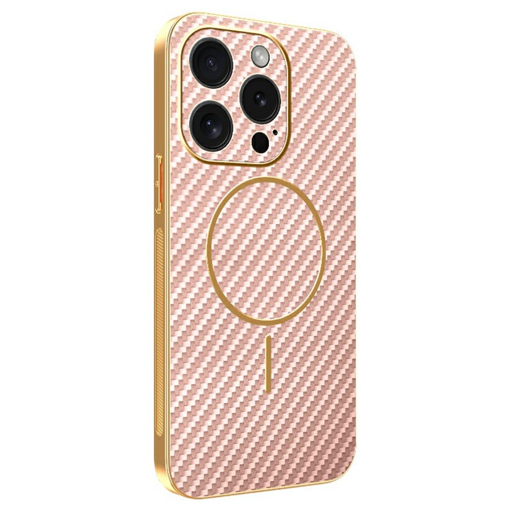For iPhone 15 Pro Phone Case Carbon Fiber Textured Electroplated TPU Back Cover - Pink