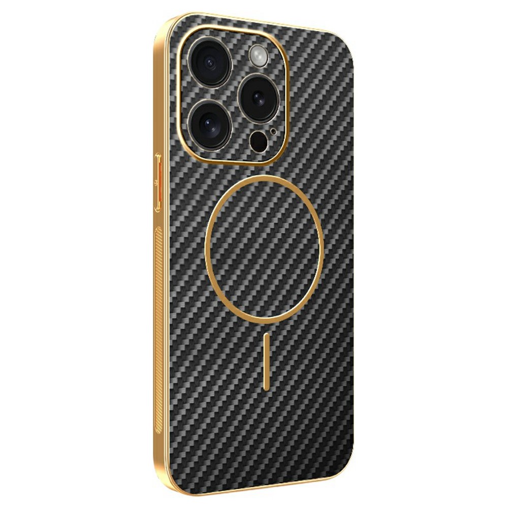 For iPhone 15 Pro Phone Case Carbon Fiber Textured Electroplated TPU Back Cover - Black