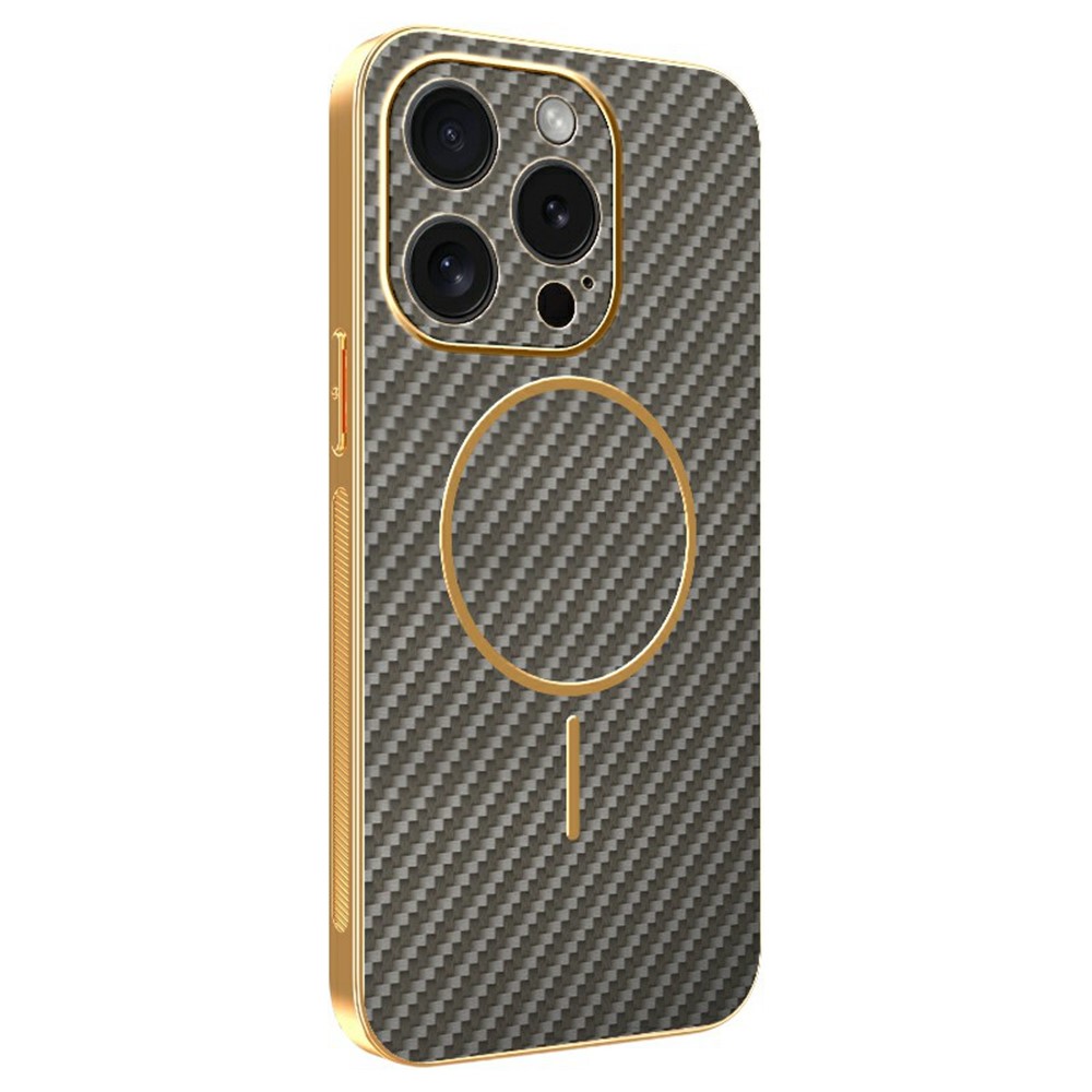 For iPhone 15 Pro Phone Case Carbon Fiber Textured Electroplated TPU Back Cover - Coffee