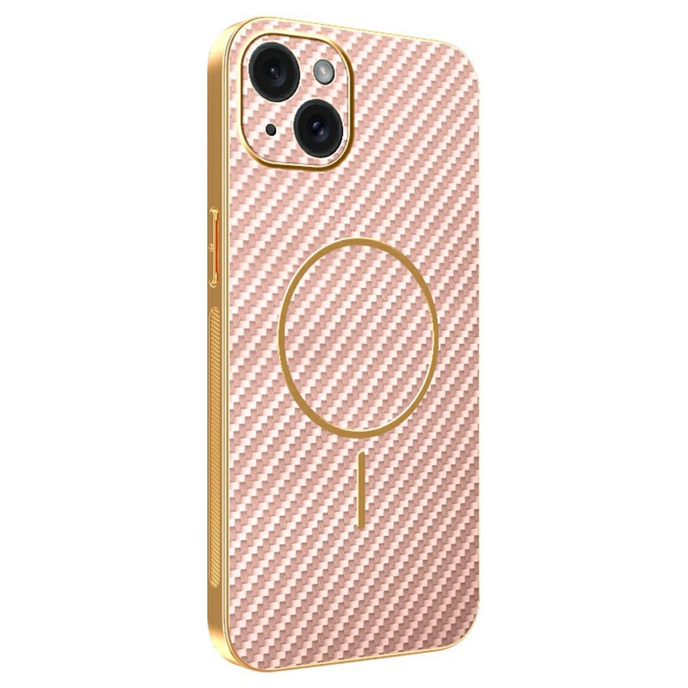 For iPhone 15 Plus Phone Case Carbon Fiber Textured Electroplated TPU Back Cover - Pink