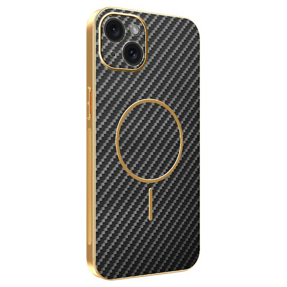 For iPhone 15 Plus Phone Case Carbon Fiber Textured Electroplated TPU Back Cover - Black