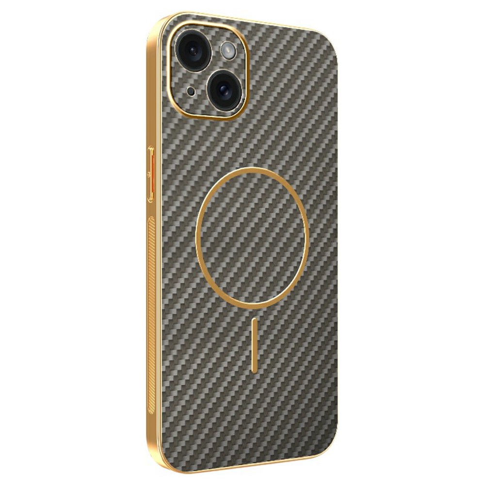 For iPhone 15 Plus Phone Case Carbon Fiber Textured Electroplated TPU Back Cover - Coffee