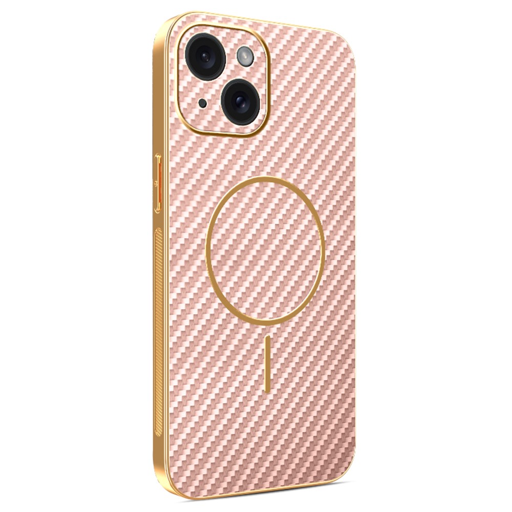 For iPhone 15 Phone Case Carbon Fiber Textured Electroplated TPU Back Cover - Pink