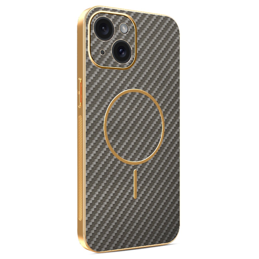 For iPhone 15 Phone Case Carbon Fiber Textured Electroplated TPU Back Cover - Coffee