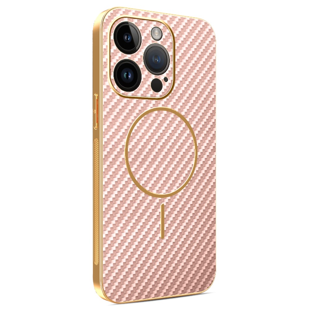 For iPhone 14 Pro Phone Case Carbon Fiber Textured Electroplated TPU Back Cover - Pink
