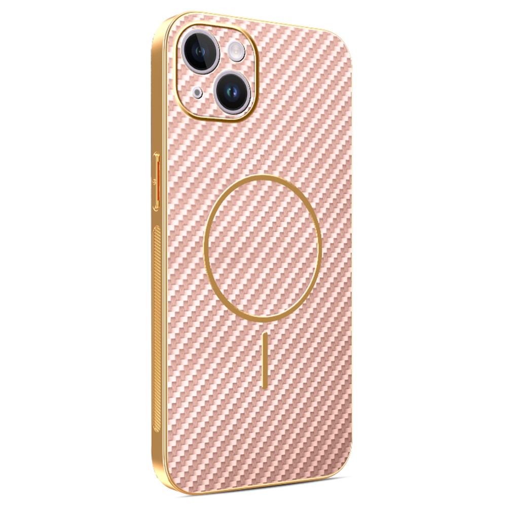 For iPhone 14 Plus Phone Case Carbon Fiber Textured Electroplated TPU Back Cover - Pink