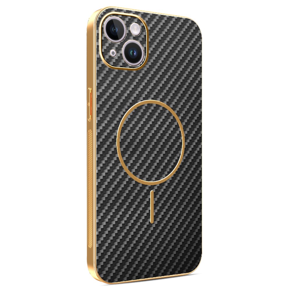 For iPhone 14 Plus Phone Case Carbon Fiber Textured Electroplated TPU Back Cover - Black