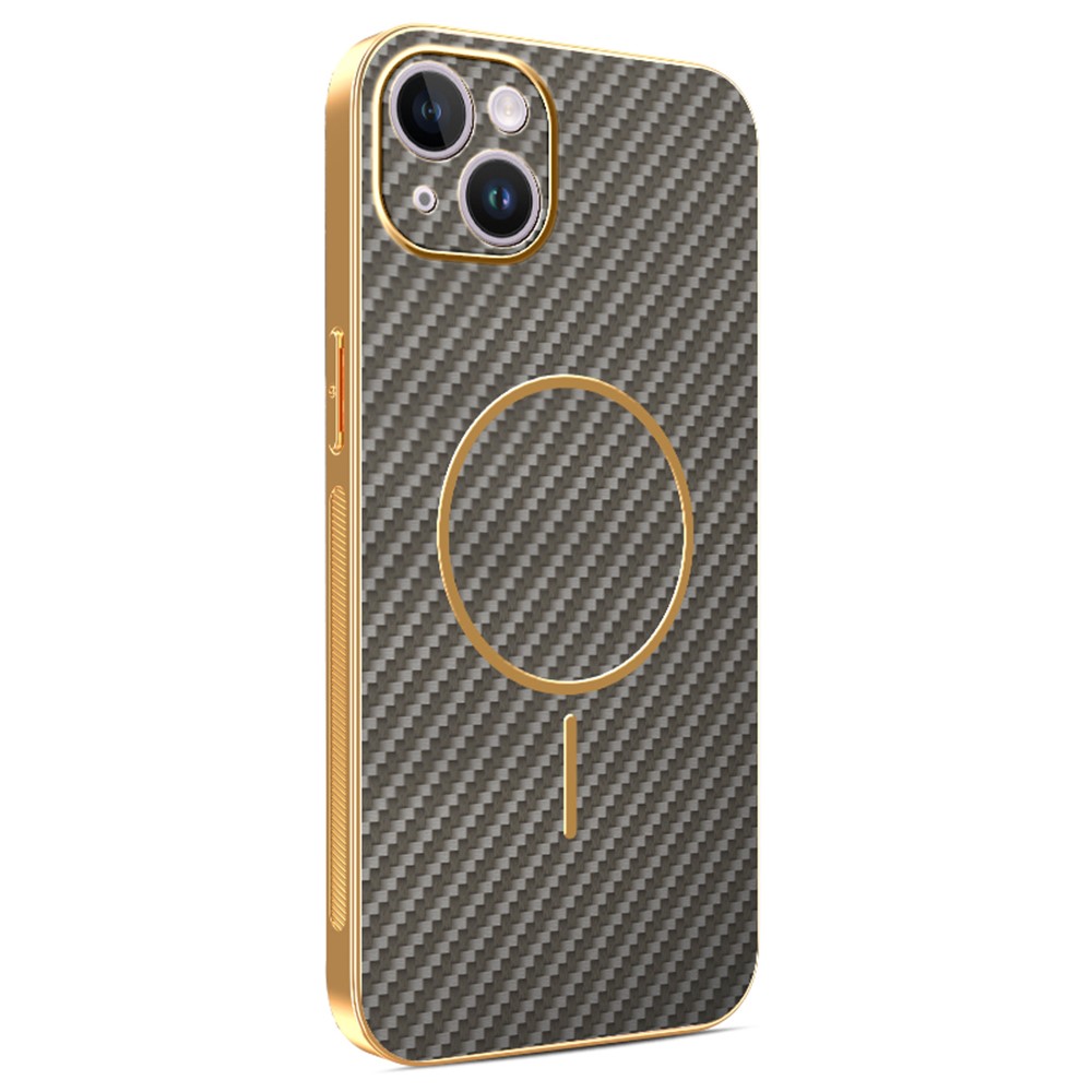 For iPhone 14 Plus Phone Case Carbon Fiber Textured Electroplated TPU Back Cover - Coffee