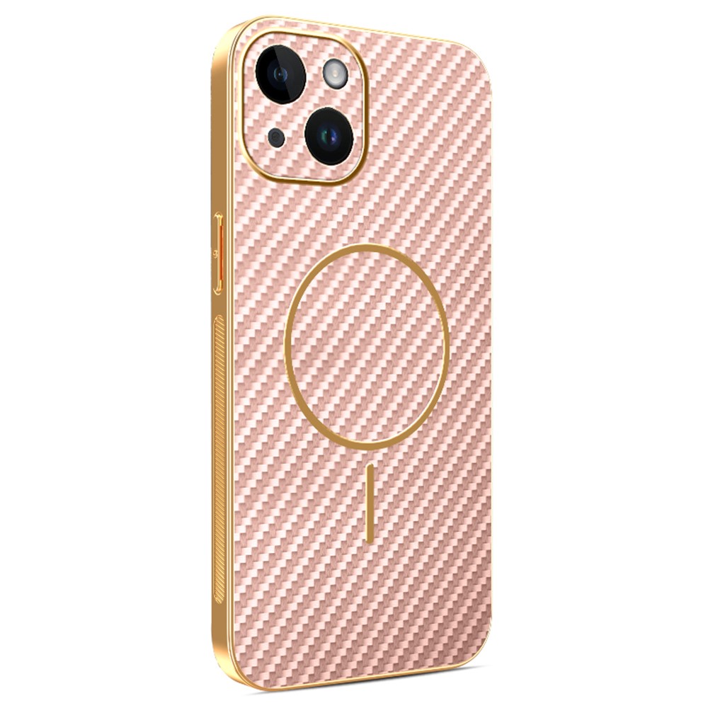 For iPhone 14 Phone Case Carbon Fiber Textured Electroplated TPU Back Cover - Pink