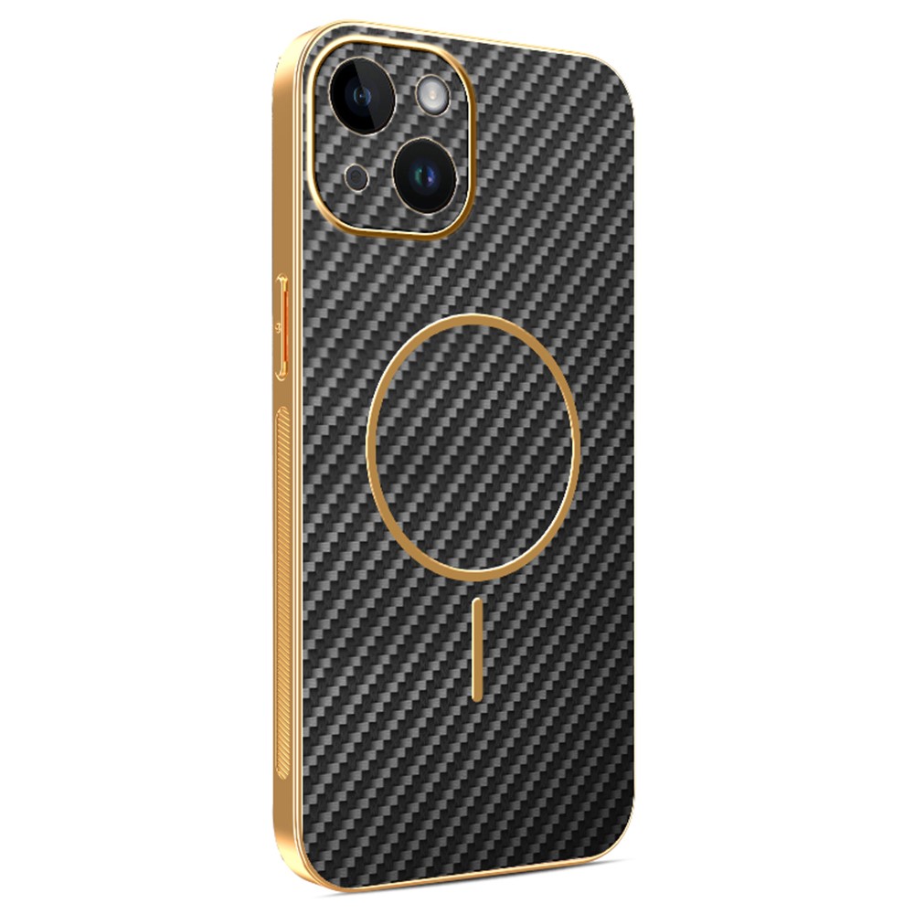 For iPhone 14 Phone Case Carbon Fiber Textured Electroplated TPU Back Cover - Black
