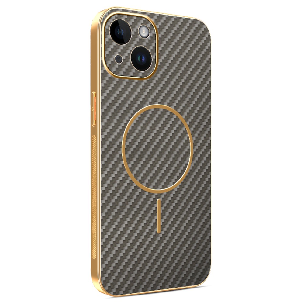 For iPhone 14 Phone Case Carbon Fiber Textured Electroplated TPU Back Cover - Coffee