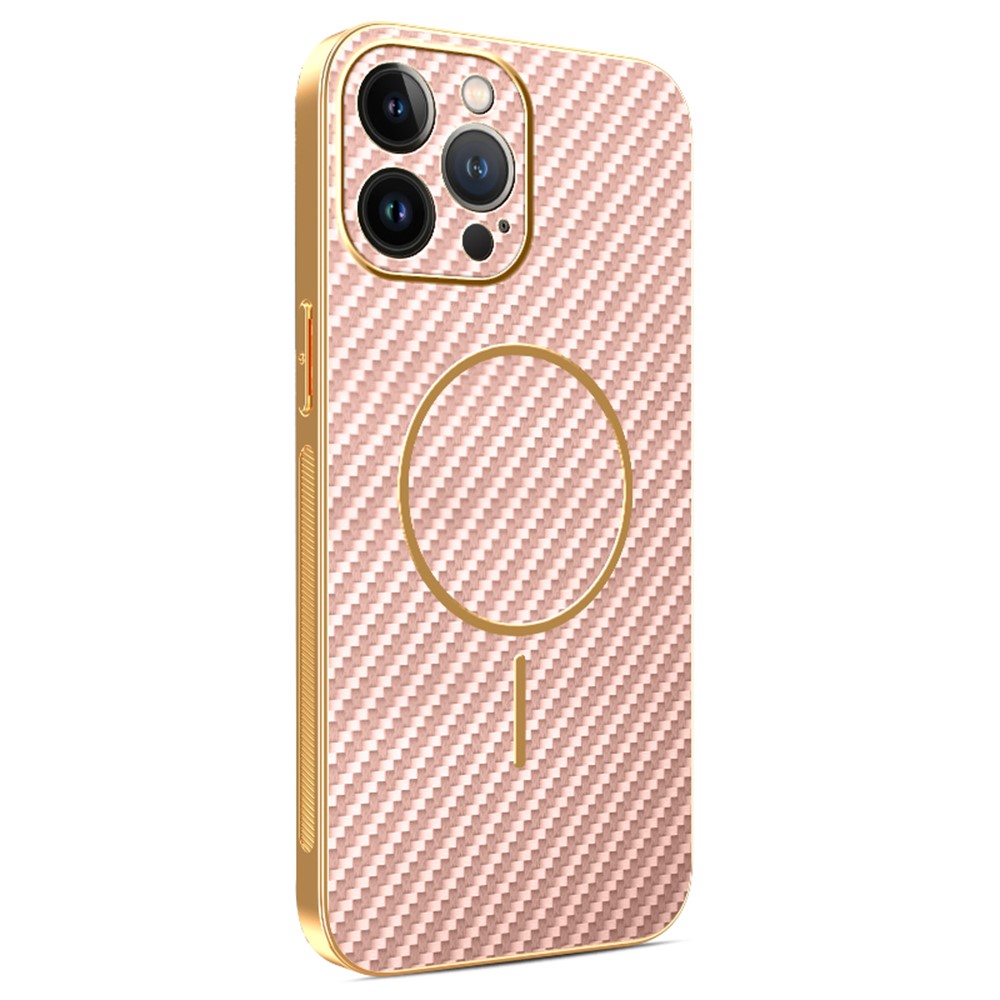 For iPhone 13 Pro Max Phone Case Carbon Fiber Textured Electroplated TPU Back Cover - Pink