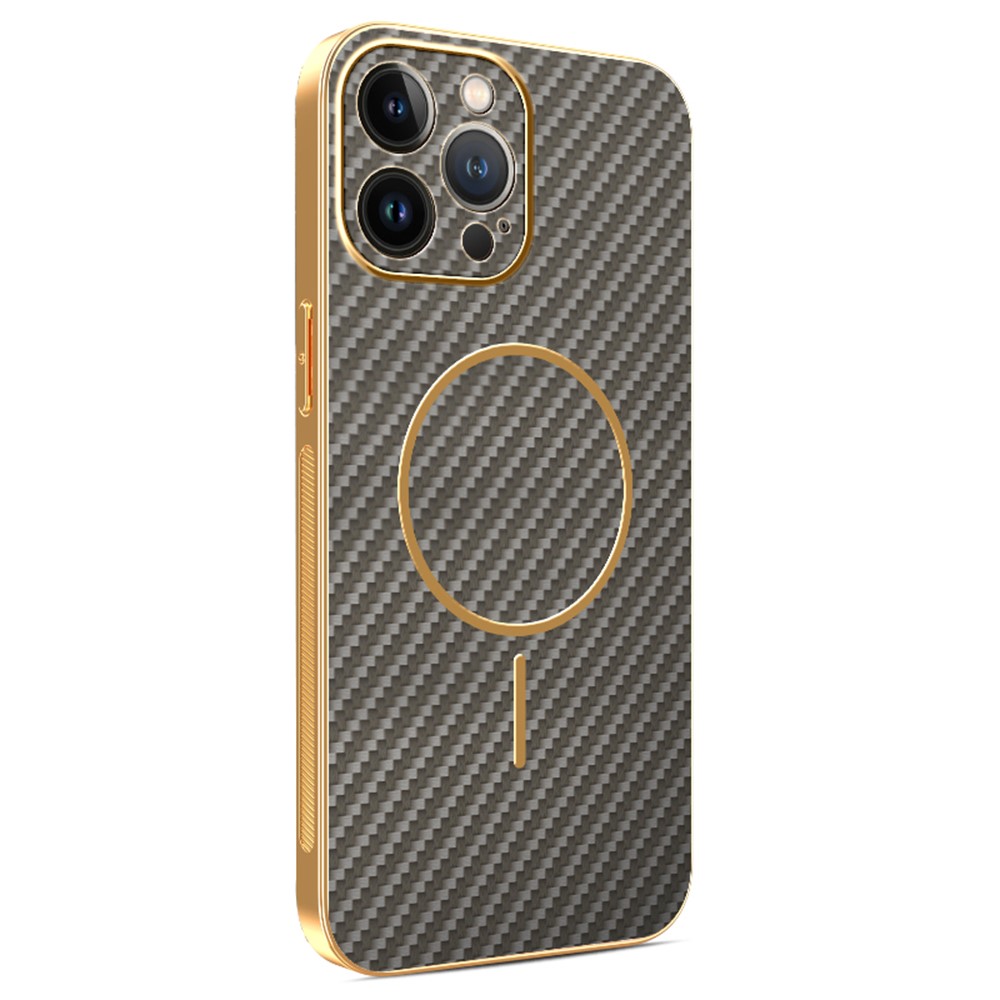 For iPhone 13 Pro Max Phone Case Carbon Fiber Textured Electroplated TPU Back Cover - Coffee