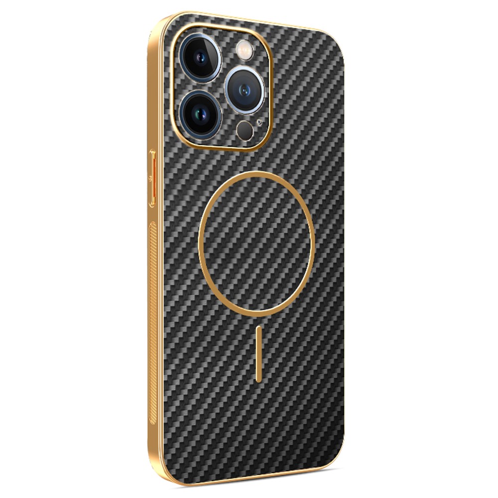 For iPhone 13 Pro Phone Case Carbon Fiber Textured Electroplated TPU Back Cover - Black