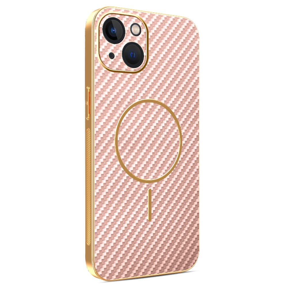 For iPhone 13 Phone Case Carbon Fiber Textured Electroplated TPU Back Cover - Pink
