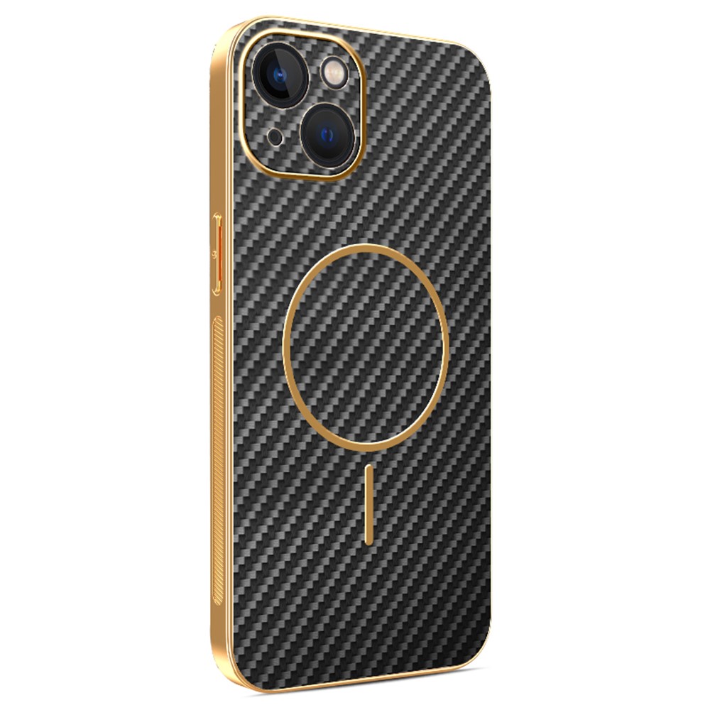 For iPhone 13 Phone Case Carbon Fiber Textured Electroplated TPU Back Cover - Black