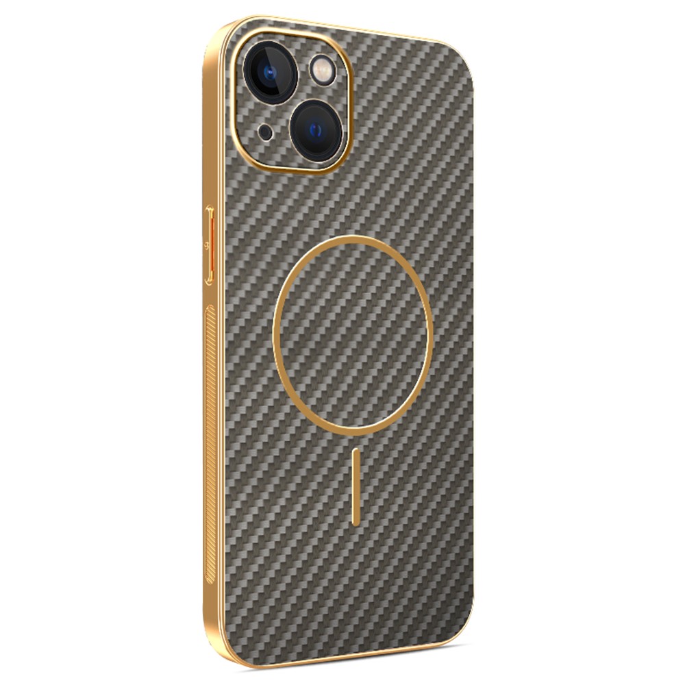 For iPhone 13 Phone Case Carbon Fiber Textured Electroplated TPU Back Cover - Coffee