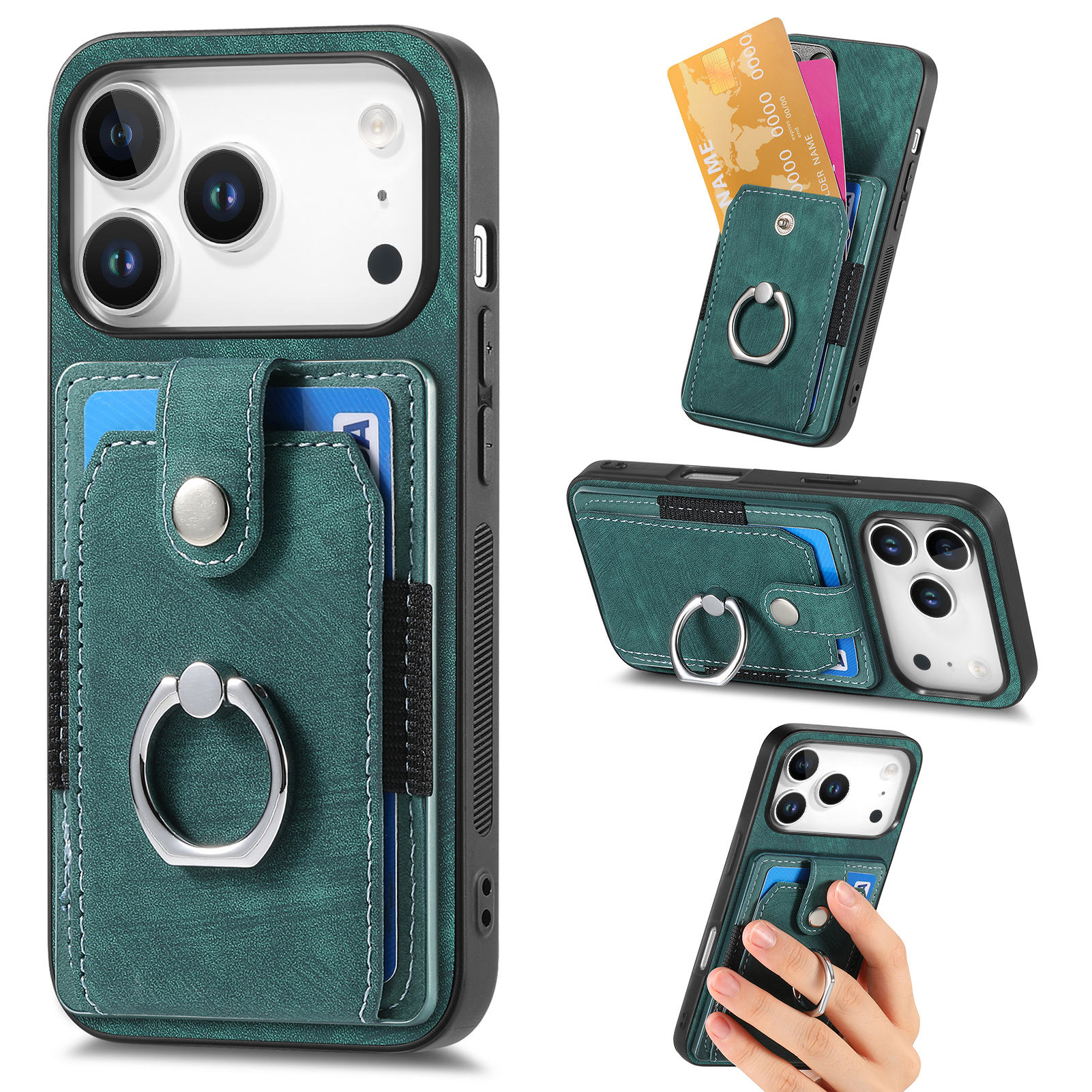 For iPhone 17 Pro Phone Case Leather Back Cover with Card Slots Kickstand - Green