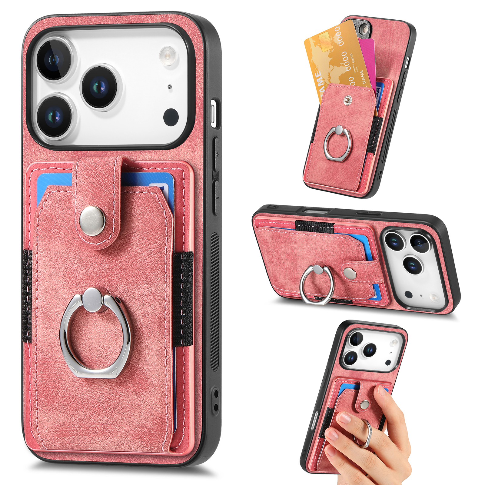 For iPhone 17 Pro Phone Case Leather Back Cover with Card Slots Kickstand - Pink