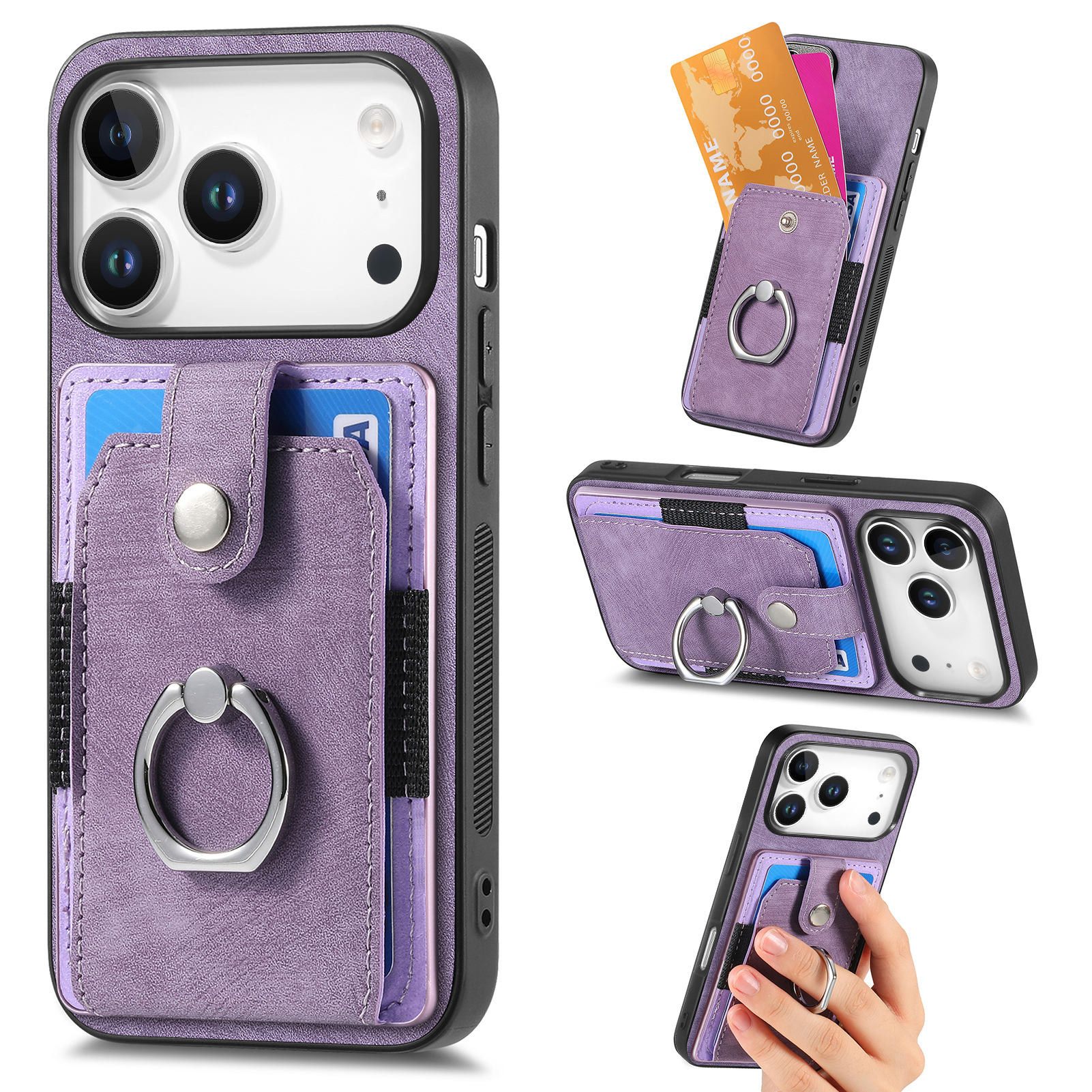 For iPhone 17 Pro Phone Case Leather Back Cover with Card Slots Kickstand - Purple