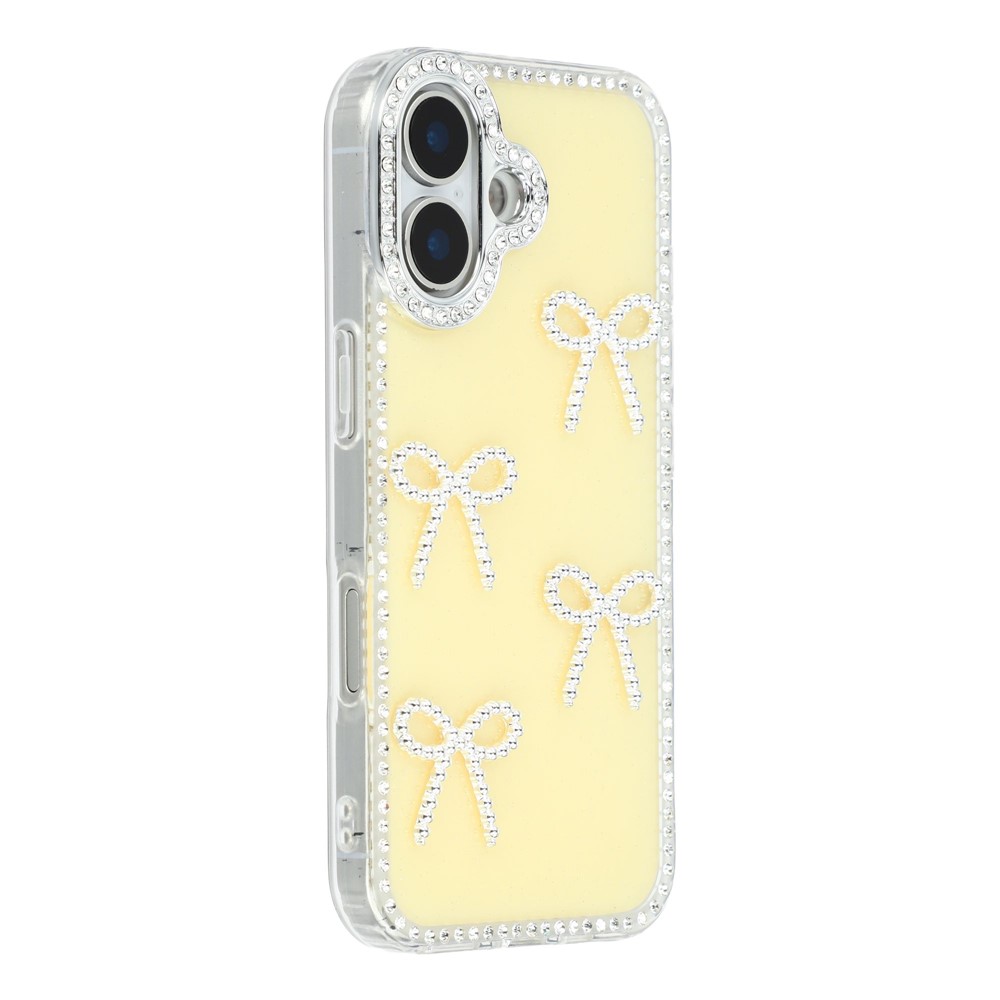 For iPhone 16 Case Rhinestone Edge Butterfly Bow Decor TPU + PC IMD Phone Cover - Glitter Light Yellow