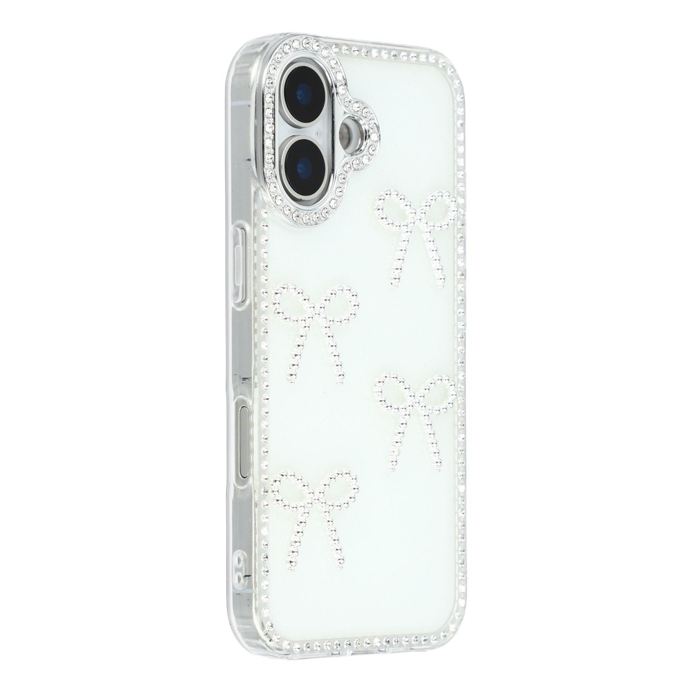 For iPhone 16 Case Rhinestone Edge Butterfly Bow Decor TPU + PC IMD Phone Cover - Glitter White