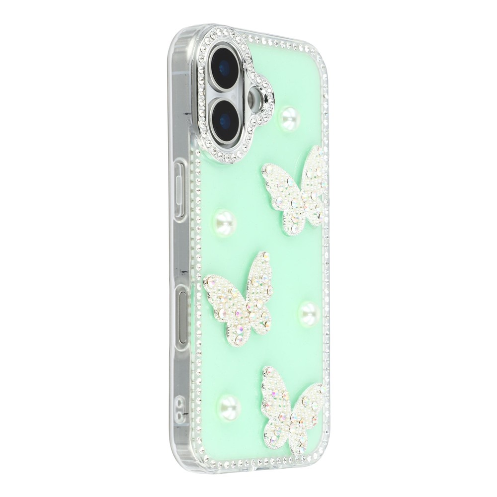 For iPhone 16 Case Rhinestone Edge Pearl Butterfly Decor TPU + PC IMD Phone Cover - Glitter Light Green