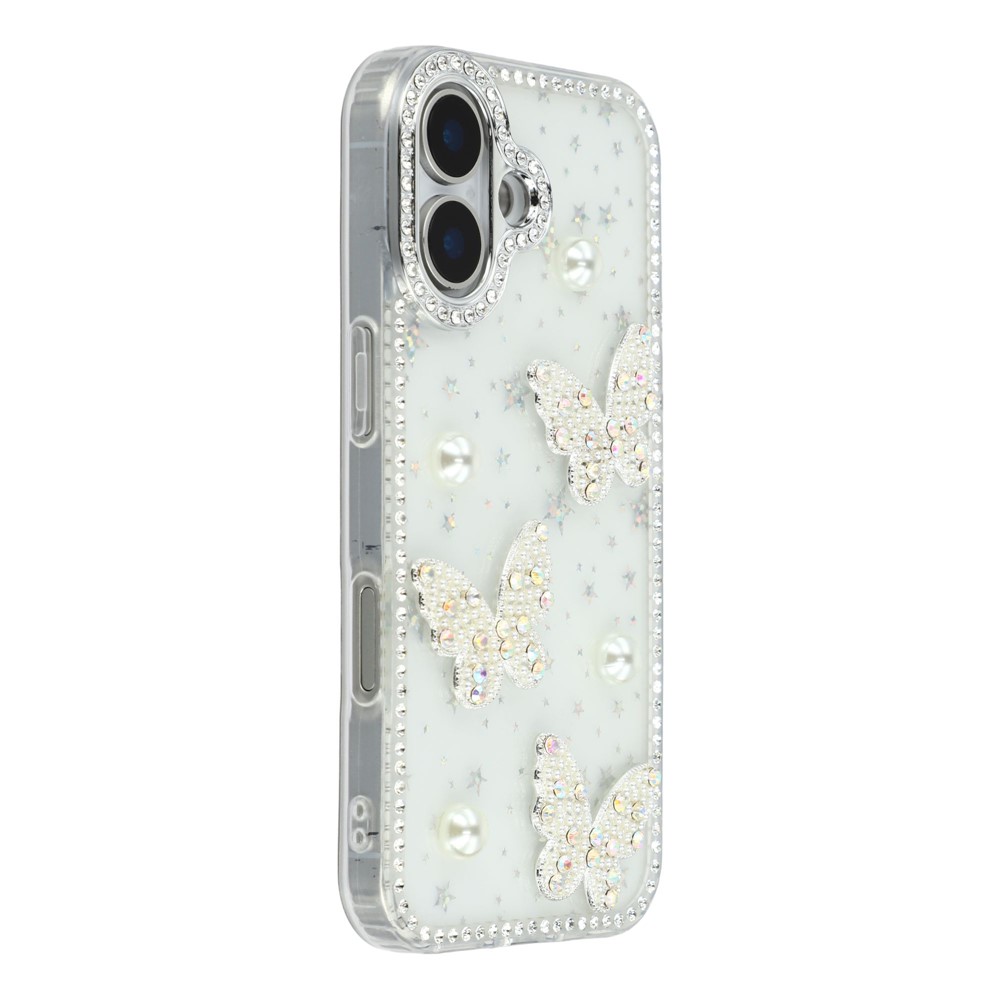 For iPhone 16 Case Rhinestone Edge Pearl Butterfly Decor TPU + PC IMD Phone Cover - Starry Transparent