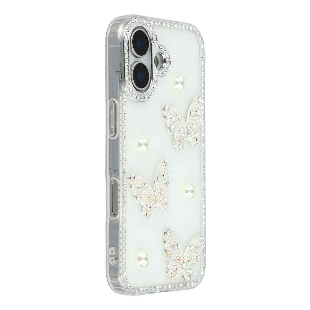 For iPhone 16 Case Rhinestone Edge Pearl Butterfly Decor TPU + PC IMD Phone Cover - Glitter White