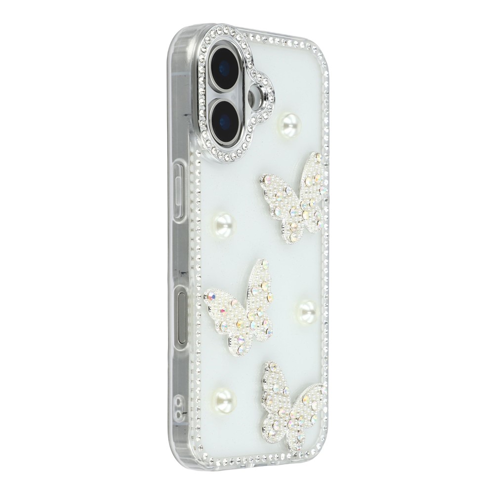 For iPhone 16 Case Rhinestone Edge Pearl Butterfly Decor TPU + PC IMD Phone Cover - Glitter Transparent