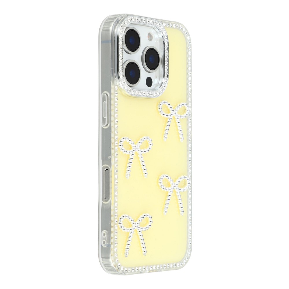 For iPhone 16 Pro Case Rhinestone Edge Butterfly Bow Decor TPU + PC IMD Phone Cover - Glitter Light Yellow