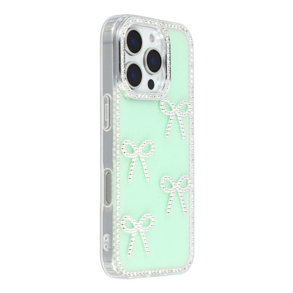 For iPhone 16 Pro Case Rhinestone Edge Butterfly Bow Decor TPU + PC IMD Phone Cover - Glitter Light Green