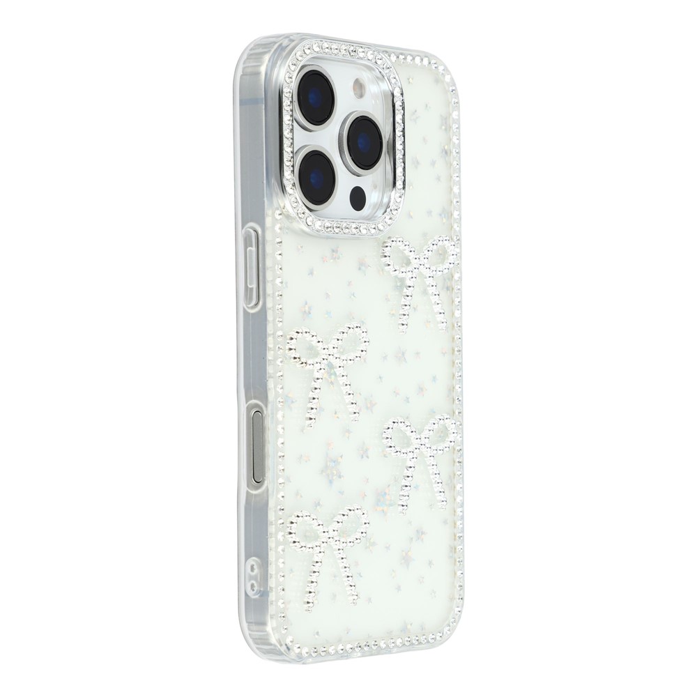 For iPhone 16 Pro Case Rhinestone Edge Butterfly Bow Decor TPU + PC IMD Phone Cover - Starry Transparent