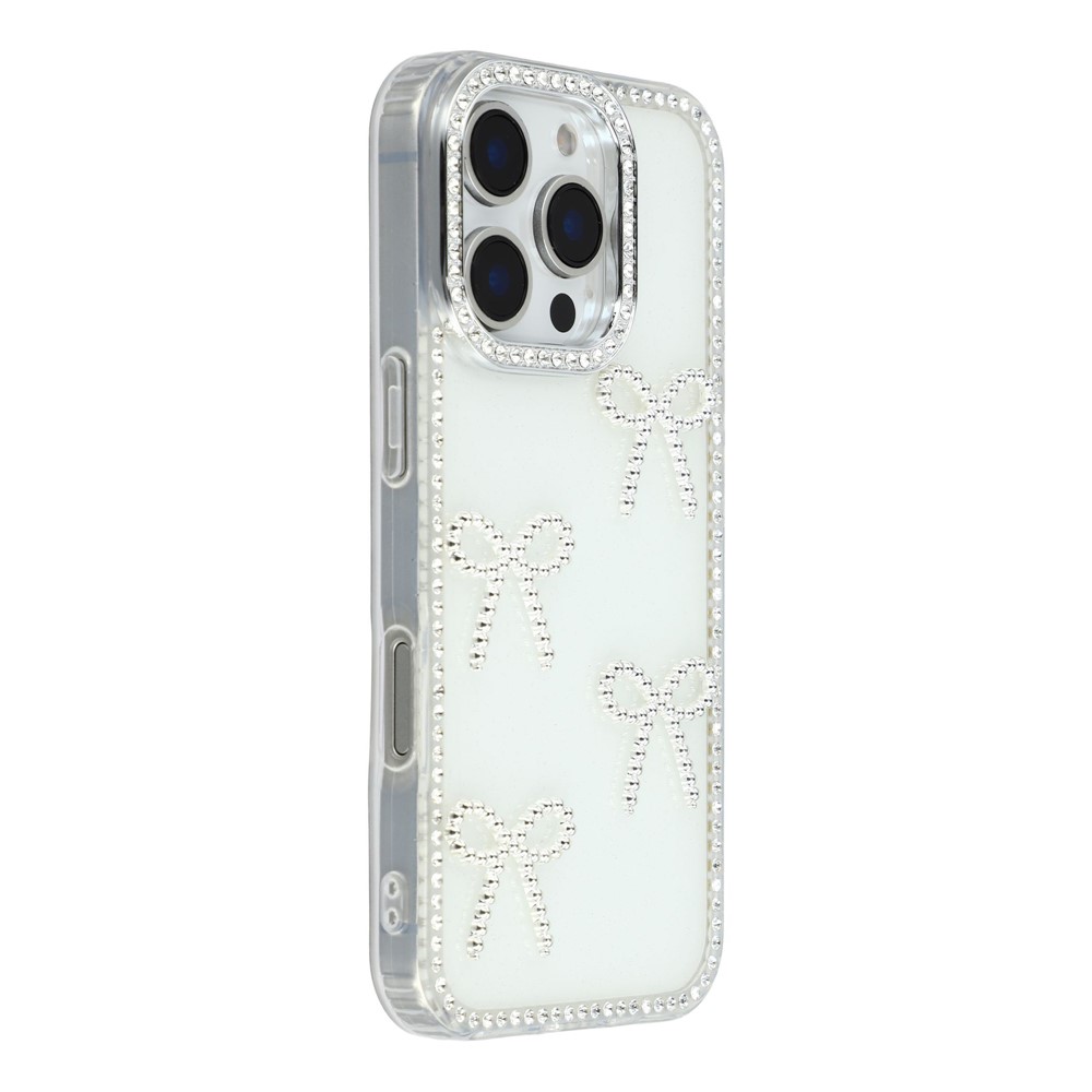 For iPhone 16 Pro Case Rhinestone Edge Butterfly Bow Decor TPU + PC IMD Phone Cover - Glitter White