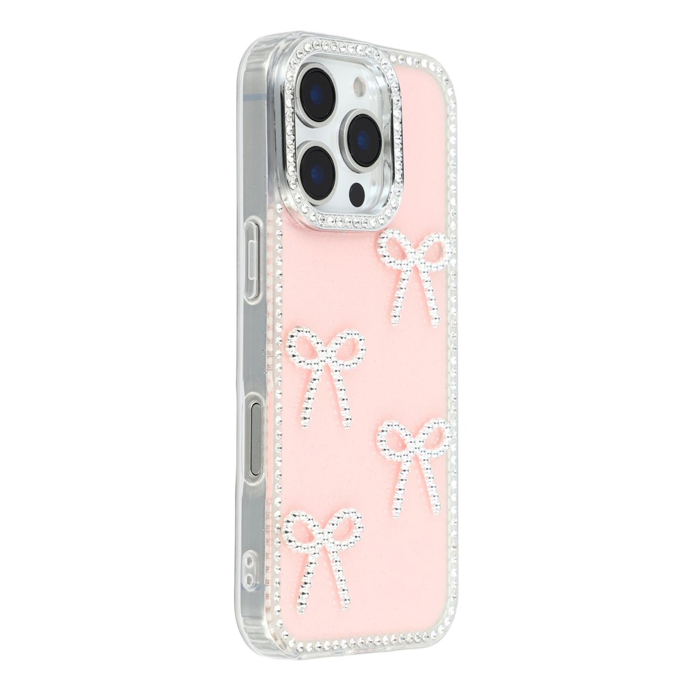 For iPhone 16 Pro Case Rhinestone Edge Butterfly Bow Decor TPU + PC IMD Phone Cover - Glitter Light Pink