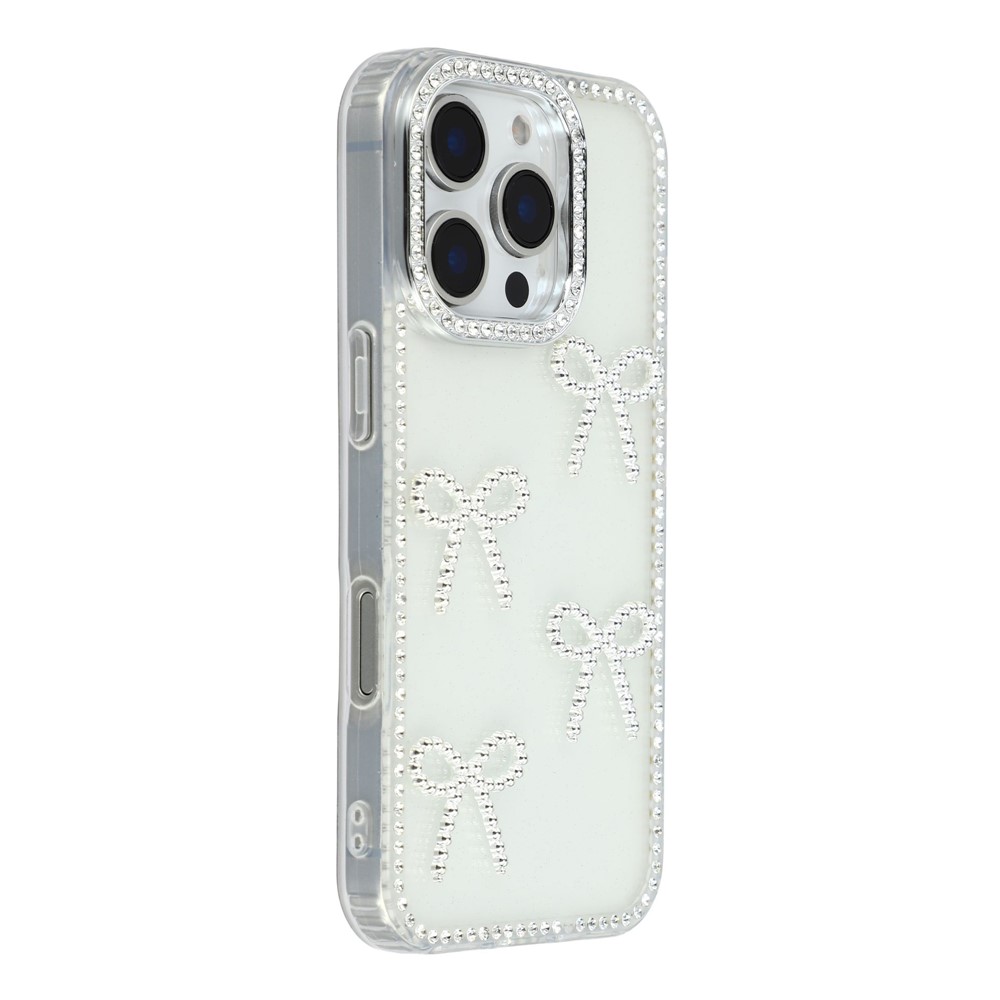 For iPhone 16 Pro Case Rhinestone Edge Butterfly Bow Decor TPU + PC IMD Phone Cover - Glitter Transparent